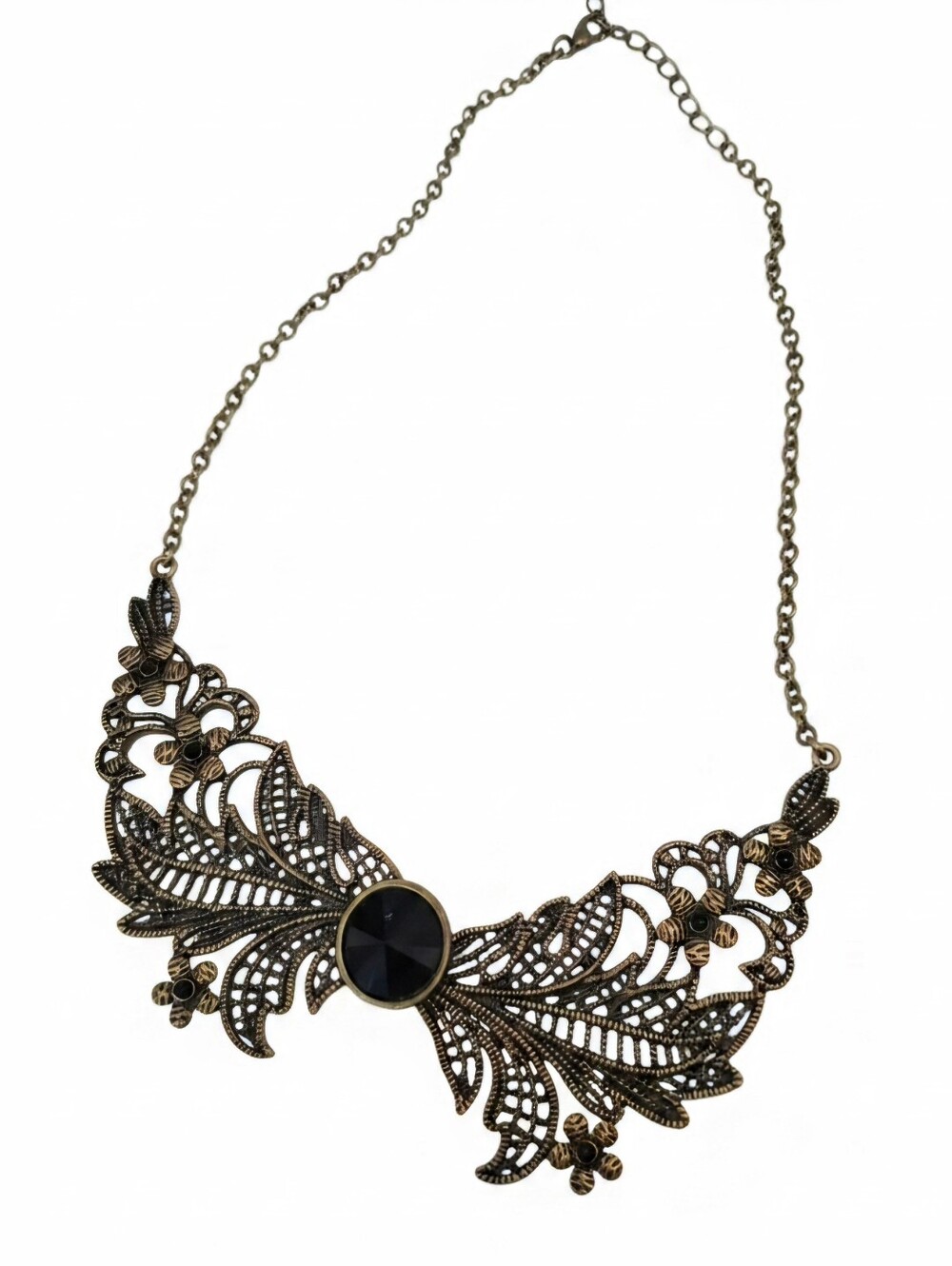 Antiqued Brass-tone Filigree Necklace with Black Stone - Women Jewelry